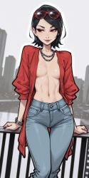 1girls ai_generated black_hair black_nails boruto:_naruto_next_generations bracelet breasts cardigan chain_necklace cityscape denim eyewear_on_head fashion female jeans leaning_on_railing looking_away midriff molamaxuy navel open_clothes outdoors oversized_clothes perfect_body red_eyes rooftop sarada_uchiha sexy sharp_fingernails short_hair skinny smile solo standing streetwear sunglasses thigh_gap topless