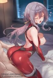 1boy 1girl 2026 ai_generated all_fours ass ass_grab back_cutout bare_shoulders bed blush bodysuit breasts breasts_out censored closed_eyes clothed_female_nude_male clothed_sex clothing_aside doggystyle gloves goddess_of_victory:_nikke grey_hair hair_ornament heart hetero highres indoors large_breasts long_hair low_ponytail mosaic_censoring motion_lines night nipples nsfw nude on_bed open_mouth penis pillow red_bodysuit scarlet_(nikke) serain sex sex_from_behind solo_focus uncensored vaginal white_gloves window