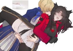 2girls absurdres ahoge artoria_pendragon_(fate) big_breasts black_gloves black_hair black_shirt black_thighhighs blackrunel blonde_hair blue_bow blue_bowtie blue_dress blue_eyes blush blushing bow bowtie breasts cleavage closed_mouth clothed clothed_sex clothing collar commentary cum cumming dominant_female dress earrings enjoying enjoying_sex female female_focus female_only fingering fingering_from_behind fingers_in_pussy gem gloves green_eyes hair_bun hair_ornament happy highres honkai:_star_rail honkai_(series) hoop_earrings hug hug_from_behind huge_breasts jacket jewelry king knight long_hair long_sleeves looking_at_viewer medium_hair mouth_open multiple_girls necklace open_mouth pleasure_face puffy_sleeves pussy_juice red_gem red_jacket ribbon rin_tohsaka saber_(fate) saber_(honkai:_star_rail)_(fate) saliva shirt short_hair skirt submissive_female sweat teeth thick_thighs thighhighs thighs tohsaka_rin_(honkai:_star_rail) twintails upper_teeth_only white_skirt yuri