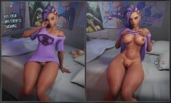 1girls 3d bra_strap_is_showing_(meme) breasts breasts_out dark-skinned_female dark_skin female female_only flashing_breasts hasfeldt no_bra no_panties no_underwear overwatch pussy showing_breasts solo solo_female sombra talking_to_offscreen tanline tits