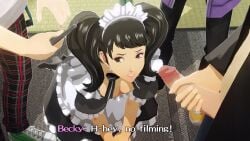 1girls 3boys becky_(persona) black_hair black_hair_female brown_eyes clothed_female dialogue downblouse dubious_consent frills holding_penis imminent_sex kneeling light-skinned_female light-skinned_male light_skin maid_headdress maid_outfit maid_uniform penis persona persona_5 phone recording sadayo_kawakami sweat text twintails uriziel38