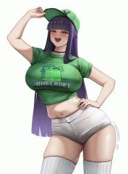 1girls :d baseball_cap black_choker blunt_bangs breasts choker commentary fern_(sousou_no_frieren) green_hat green_shirt hand_on_own_hip hat highres inkspirate large_breasts long_hair looking_at_viewer midriff minecraft navel open_mouth purple_eyes purple_hair shirt short_shorts short_sleeves shorts smile solo sousou_no_frieren thighhighs white_shorts white_thighhighs