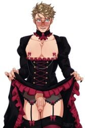 black_nails blonde_hair blush bows fashion garter_belt garter_straps glasses lingerie lingerie_on_man lolita_fashion looking_away male male_lingerie nail_polish nipple_chain nipple_clamps penis presenting_penis project_hail_mary ryland_grace skirt skirt_lift solo stockings transparent_background