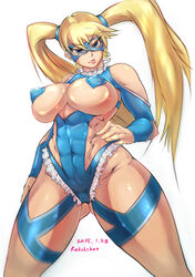 abs angry blonde_hair blue_eyes breasts breasts_out cameltoe capcom curvy domino_mask erect_nipples female female_only hand_on_hip huge_breasts human leotard looking_at_viewer mask nipples pasties rainbow_mika redchicken shiny shiny_skin simple_background solo standing street_fighter street_fighter_alpha thick_thighs tied_hair twintails