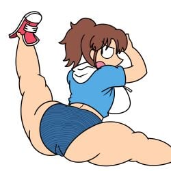 1girl black_eyes blue_hoodie blue_panties brown_hair city_(arawi_keiichi) from_behind hood_down hoodie large_breasts literal_alguien looking_to_the_side nagumo_midori open_hoodie open_mouth ponytail red_shoes simple_background solo thick_thighs thighs white_background white_hood white_shirt