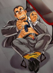 1boy abs bara beard big_bulge black_hair bulge bulge_through_clothing chest_hair clenched_teeth crossed_legs daddy dilf forced full_body gay glasses handcuffs hi_res high-angle_view looking_at_viewer lying lying_on_back lying_on_floor male male_only mature_male middle_aged mknskhnbs muscles muscular muscular_male necktie old_male open_clothes original original_character pecs pubic_hair restrained restrained_legs restrained_wrists short_hair six_pack spiky_hair suit suit_and_tie sweat sweatdrop thick_eyebrows tied tied_legs tiled_floor unzipped very_high_resolution wide_eyed wince yaoi