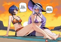 2girls ai_generated barefoot beach belle_(zenless_zone_zero) bikini blue_hair blush breasts choker cleavage english_text feet hat long_hair multiple_girls navel orange_bikini outdoors short_hair sitting swimsuit tillian vivian_(zenless_zone_zero) vivian_banshee zenless_zone_zero