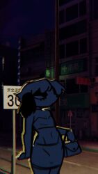 1boy 2026 3d_background animated bamithq canine_humanoid chinese_text city city_background collar crossdressing diggy_(tommiowo) digital_media_(artwork) disinterested dog_ears domestic_dog eye_contact eyeshadow flashing_penis furry gif half-closed_eyes hand_on_hip high_heels leg_up limp_wrist looking_away loop looping_animation navel neutral_expression night no_underwear nopan original outdoors parted_bangs purse short_skirt sidewalk signpost small_bra small_penis snout storefront testicles thick_outline thick_thighs third-party_edit tommiowo