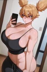 1girls ai_generated amber_eyes ass athletic athletic_female big_ass big_breasts blonde_hair breasts cleavage curvy female female_only gym gym_clothes momokusa_yomogi selfie solo stuffyai tank_top tougen_anki