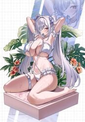 1girl armpits arms_behind_head arms_up bikini blush breasts cinderella_(nikke) cleavage commentary_request female female_only flower goddess_of_victory:_nikke hair_over_one_eye highres large_breasts long_hair looking_at_viewer navel o-los o-ring o-ring_thigh_strap red_eyes sitting stomach swimsuit thigh_strap twintails very_long_hair wariza wet white_bikini white_hair zoom_layer