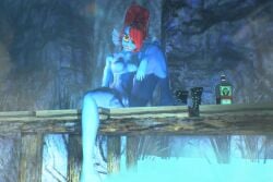 3d 600beers(artist) anthro_only fish fully_naked jagermeister muscular_female naked_female red_hair sfm showing_pussy smiling_at_viewer spread_legs tagme undertale undyne waterfall wet_body