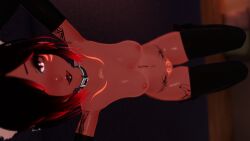 bed bedroom breasts choker elbow_gloves female female_only fox_ears fox_girl laying_on_back laying_on_bed nude nude_female on_back red_eyes red_hair seductive tattoo teasing thighhighs vr vrchat vrchat_avatar vrchat_media
