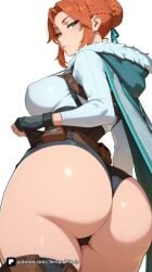 1girl ai_generated artist_name ass ass_focus bangs blizzard_entertainment braid breasts cape closed_mouth fingerless_gloves freckles freja_(overwatch) from_behind gloves green_eyes hair_bun hair_ribbon hood hood_down huge_ass large_breasts looking_at_viewer looking_back orange_hair overwatch overwatch_2 patreon pouch questionable ribbon senpai_pixels simple_background solo thick_thighs thighhighs thighs underwear white_background