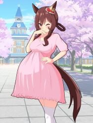 big_breasts clothed gentildonna_(umamusume) hand_on_hip horse_ears horse_girl horse_tail looking_at_viewer pink_dress pregnant pregnant_belly pregnant_female umamusume umamusume_pretty_derby winking_at_viewer