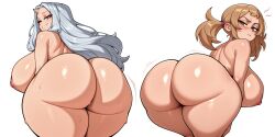 2girls aged_up ai_generated ass ass_focus bent_over big_ass brown_eyes brown_hair eri_(my_hero_academia) freckles huge_ass huge_breasts long_hair looking_at_viewer mahoro_shimano my_hero_academia naked naked_female nude nude_female pigtails pixai red_eyes sweat sweatdrop sweating sweaty sweaty_ass sweaty_body tagme urikoito white_background