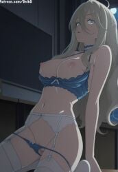 ai_generated blonde_hair bra_pull breasts_out deik0 garter_belt indoors lingerie long_hair looking_at_viewer night open_mouth panties_down shikiya_yumeko solo thighhighs undressing yellow_eyes