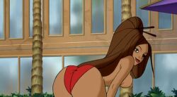 bags_under_eyes bikini_bottom_only brown_eyes brunette_hair bubble_butt chopsticks_in_hair dancing hotel huge_ass large_hair las_vegas medium_breasts nipples palm_tree persephone poolside public_indecency purple_umbrella red_bikini screenshot shaking_ass shameless sideboob stripper stripperella tan_skin topless twerking