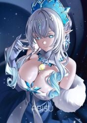 1girl absurdres anastasya_feodorovna_snezhnaya armwear artist_name bare_shoulders beautiful big_breasts blue_dress blue_eyes blue_gem blue_hair breast_tattoo breasts cleavage closed_mouth coat collar commentary crown detached_collar dress earrings elf_ears empress female female_focus female_only fromabisu fur gem genshin_impact gloves gradient_hair grey_hair hair_between_eyes hair_ornament hand_up highres huge_breasts jewelry kokoshnik large_breasts light_smile looking_at_viewer mommy mostly_clothed multicolored_hair pointy_ears queen royalty smile solo strapless strapless_dress tattoo touching_hair tsaritsa_(genshin_impact) upper_body white_eyelashes white_gloves yellow_gem