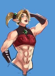 1boy abs ambush_(trap) androgynous blonde_hair blue_eyes breath_of_the_wild crossdressing feminine_male gerudo_link gerudo_top hoop_earrings kim-sukley link lipstick male male_only navel pointy_ears ponytail solo the_legend_of_zelda toned trap