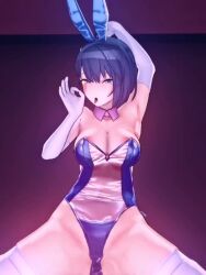 1girls 3d 3d_animation areola_slip armpits arms_up big_breasts blowjob_gesture blue_eyes blue_hair breasts bunny_ears bunnysuit clothing covered_nipples grinding huge_thighs kiritani_haruka looking_at_viewer no_sound project_sekai short_hair solo solo_female stripper_pole sweat sweaty tagme tongue tongue_out video