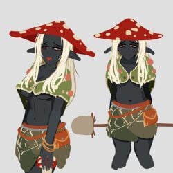 1girls 2026 bare_midriff black-skinned_female black_skin blushing bracelet cleavage dark_elf elf elf_ears elf_female esoteric_ebb female_focus kurokimoko large_breasts long_hair mushroom mushroom_hat navel nessan_(esoteric_ebb) no_bra pointy_ears red_eyes skirt tongue_out underboob white_background white_hair