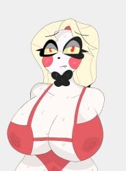big_breasts bikini blush charlie_morningstar_(hazbin_hotel) cleavage cleavage_focus curvy curvy_figure fanart fang female hands_behind_back hazbin_hotel hi_res huge_breasts nervous nipples_visible_through_clothing solo sweat sweaty_body sweaty_breasts thicc wide_hips
