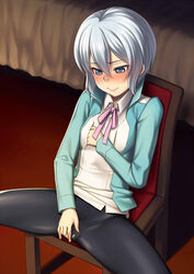 bed black_legwear black_pantyhose blue_eyes blue_jacket blush chair clothed_masturbation clothing female fingering fingering_through_clothes gundam gundam_build_fighters gundam_build_fighters_try h_kasei jacket kijima_shia masturbation pantyhose pink_ribbon ribbon self_fondle shirt short_hair silver_hair sitting solo spread_legs through_clothes white_hair white_shirt