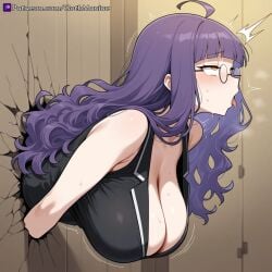 ai_generated big_breasts blunt_bangs blushing cleavage glasses gothmaniac katriel_(library_of_ruina) long_hair orange_eyes purple_hair round_glasses sex_from_behind stuck_in_wall sweat sweaty_body tongue_out vest wavy_sidelocks wooden_wall
