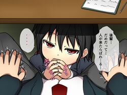 1boy fellatio female nadadekoko oral original penis pov red_eyes school_uniform short_hair sitting straight table text translation_request under_the_table