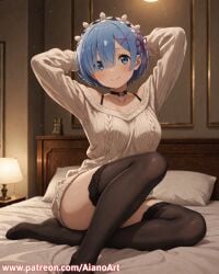 1girl ai_generated aianoart arms_behind_head arms_up bangs bed black_choker black_thighhighs blue_eyes blue_hair blush breasts choker closed_mouth collarbone hair_ornament hair_ribbon indoors lamp large_breasts long_sleeves looking_at_viewer no_shoes on_bed pillow pink_ribbon re:zero_kara_hajimeru_isekai_seikatsu rem_(re:zero) ribbon short_hair sitting smile solo sweater thighhighs x_hair_ornament