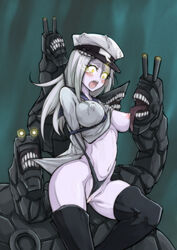 absurdres abyssal_ship aqua_background blush boots breast_licking breast_slip breasts entangled erect_nipples female forced glowing glowing_eyes hair_between_eyes helpless highres kantai_collection large_breasts licking long_hair monster monster_girl mound_of_venus navel nipples nishino_(waero) no_pants one_breast_out open_mouth pale_skin partially_visible_vulva sailor_collar scared screaming shinkaisei-kan shirt_lift shirt_tug silver_hair ta-class_battleship tears thigh_boots thighhighs thong wedgie yellow_eyes