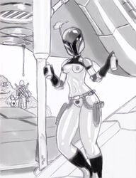 1girls 2boys breasts deadpool female female_only hutt liquidmark looking_at_viewer mandalorian marvel medium_breasts monochrome nipple_piercing nipples nude pubic_hair pubic_tattoo sabine_wren solo star_wars star_wars_rebels wide_hips