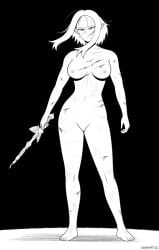 1girls barefoot breasts deadmannart feet large_breasts looking_at_viewer monochrome nude nude_female pointy_ears princess_zelda solo solo_focus the_legend_of_zelda vagina wounded