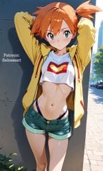 aged_up ai_generated blush crop_top exposed_torso female female_only fit fit_female flirting green_eyes looking_at_viewer mature_female misty_(pokemon) navel paid_reward_available patreon petite pokemon posing red_hair sebassart sexy slim_waist solo sweat thong tight_clothing white_body