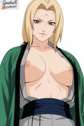 >:) 1girl ai_generated areola_slip black_sash blonde_hair blue_sash breasts breasts_apart breasts_out brown_eyes closed_mouth collarbone facial_mark forehead forehead_mark green_kimono grey_kimono haori happi japanese_clothes kimono large_breasts light_smile lips long_hair looking_at_viewer low_twintails makeup mature_female naruto naruto_(series) nipple_slip nipples no_bra obi open_clothes open_kimono parted_bangs pink_lips sash senju_tsunade short_eyebrows simple_background smile smirk solo spasibo15 transparent_background tsunade tsunade_(naruto) twintails upper_body v-shaped_eyebrows white_background