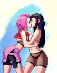 2girls black_panties female female_only human hyuuga_hinata kissing multiple_girls naruto panties saito200 sakura_haruno topless yuri