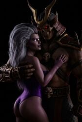 1boy 1girls armor big_ass big_breasts big_butt booty breasts canon_couple grey_hair helmet husband_and_wife leotard mature_female milf mortal_kombat mortal_kombat_(2011) muscular_male netherrealm_studios shao_kahn sindel sindel_(mk9) tight_clothing warrior white_eyes wife_and_husband