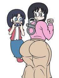 2girls ass black_eyes black_hair blue_eyes blue_skirt brown_skirt camera city_(arawi_keiichi) clenched_hand closed_mouth crossover digital_camera holding holding_camera huge_ass izumi_wako kneeling literal_alguien long_skirt looking_back nichijou open_jacket pink_shirt red_boots red_jacket robot_girl shinonome_nano shirt short_hair simple_background skirt white_background white_pupils white_shirt winding_key
