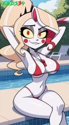 2026 ai_generated armpits arms_up big_breasts bikini blonde_hair charlie_morningstar_(hazbin_hotel) ends34 female female_only hazbin_hotel light-skinned_female long_hair looking_at_viewer red_eyes smile