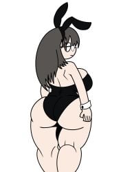 1girl back black_eyes black_hair black_leotard closed_mouth fake_animal_ears from_behind glasses hand_on_own_hips huge_ass leotard literal_alguien long_hair looking_at_viewer looking_back minakami_mai nichijou playboy_bunny rabbit_ears semi-rimless_eyewear simple_background solo strapless_leotard thick_thighs white_background