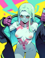 ai_generated coat_only cybergirl cybernetics cyberpunk:_edgerunners naked naked_female netflix nipples nude nude_female pussy rebecca_(edgerunners) solo solo_female