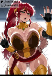 1boy 1girl against_fourth_wall against_glass ai_generated armlet armor artist_name bare_shoulders bent_over black_gloves blush breast_press breastplate breasts breasts_on_glass circlet cleavage clothed_sex clothing cum cum_in_pussy cum_overflow cumdrip curvy dark_skin doggystyle earrings elbow_gloves female female_pubic_hair fingerless_gloves forehead_protector gloves gold_armor green_eyes half-closed_eyes hand_on_glass hetero jennieart02 jewelry large_breasts leaning_forward long_hair male open_mouth patreon patreon_logo patreon_username penis ponytail pubic_hair pussy pyra red_hair rolling_eyes semen sex sex_from_behind sidelocks solo_focus standing standing_sex sweat teeth thick_thighs thighhighs thighs torso_grab twitter twitter_username vaginal vambraces watermark