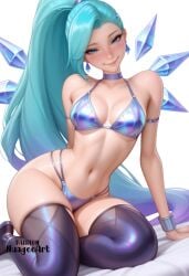 1girl ai_generated aqua_hair arm_support armlet artist_name bangs bare_shoulders bikini black_thighhighs blue_bikini blue_choker blue_eyes blue_hair blush bracelet breasts choker closed_mouth collarbone earrings forehead hair_ornament halterneck head_tilt high_ponytail ice jewelry k/da_(league_of_legends) k/da_all_out_seraphine k/da_all_out_series k/da_series league_of_legends league_of_legends:_wild_rift leaning_to_the_side lips long_hair looking_at_viewer medium_breasts multicolored_bikini navel nuageeart ponytail purple_choker sensitive seraphine_(league_of_legends) shiny shiny_clothes shiny_hair simple_background sitting skindentation smile solo stomach swept_bangs swimsuit thighhighs very_long_hair white_background wings yokozuwari