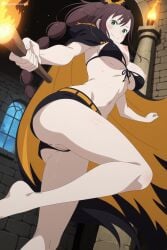 1girl ai_generated anus ass barefoot belt bikini bikini_top_only black_bikini black_cape black_shorts blush braid breasts brown_hair cape censored closed_mouth clothing_aside digitalwaifugallery fire front-tie_bikini_top front-tie_top green_eyes hi_res high_quality high_resolution holding large_breasts long_hair looking_at_viewer mosaic_censoring multi-tied_hair navel nipples orange_belt orange_cape patreon ponytail pussy pussy_juice seductive sexy shaula_(re:zero) short_shorts shorts smile solo standing standing_on_one_leg swimsuit thighs torch uncensored watermark