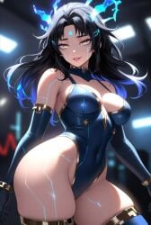 1girls ai ai-created ai_generated black_hair blue_clothing blue_hair blue_markings blue_outfit female female_only grok grok_(x) grok_imagine head_markings pink_lipstick solo thick_thighs thin_waist wide_hips