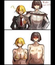2026 2d 2d_(artwork) 2d_artwork 2girls :3 arczaeon bandage bandaged_chest blonde blonde-haired_female blonde_female blonde_hair blonde_hair_female bra brown_hair brown_hair_female clothed clothed_female clothed_female_clothed_female color colored don_quixote_(limbus_company) flat_chest flat_chested light-skinned_female light_skin limbus_company red_eyes red_eyes_female ryoshu_(limbus_company)