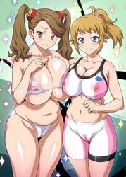 blue_eyes breasts brown_eyes brown_hair cameltoe curvy erect_nipples_under_clothes female gundam gundam_build_fighters gundam_build_fighters_try hoshino_fumina huge_breasts joy_ride micro_bikini navel pubic_hair sazaki_kaoruko see-through sportswear take_your_pick thick_thighs voluptuous