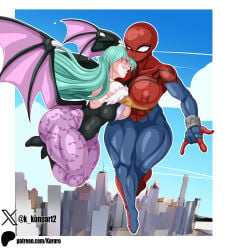 2girls ass big_ass big_breasts breasts crossover darkstalkers eastern_and_western_character female female_only green_eyes green_hair head_wings huge_breasts karuro-kun large_ass large_breasts long_hair marvel mayday_parker morrigan_aensland multiple_girls spider-girl spider-man_(series) wings yuri
