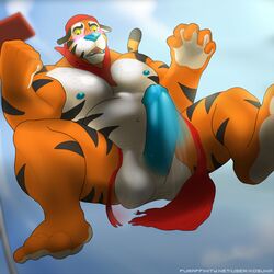 1boy anthro ascot balls barefoot biceps big_balls blush cereal fur furry furry_only headgear k0suna looking_down male male_only manly mascot muscles navel nipples nude open_mouth outside pecs penis sharp_teeth solo spread_legs thick_penis tiger tony_the_tiger veiny veiny_penis