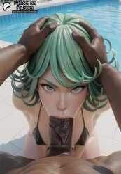 1boy 1girls 3d ai_generated angry angry_expression angry_face big_cock big_penis bikini black_bikini blowjob breasts cock curly_hair curvy curvy_female curvy_figure dark-skinned_male erect_penis erection eyelashes fellatio female female_focus frown frowning_at_viewer green_eyes green_hair hand_on_head hands_on_head huge_cock huge_penis interracial irrumatio light-skinned_female light_skin looking_at_viewer male male_pov medium_breasts nude_male one-punch_man oral oral_penetration oral_sex outdoors pool poolside pov public short_hair sodaglow_artist tatsumaki thick_thighs tits veiny_penis